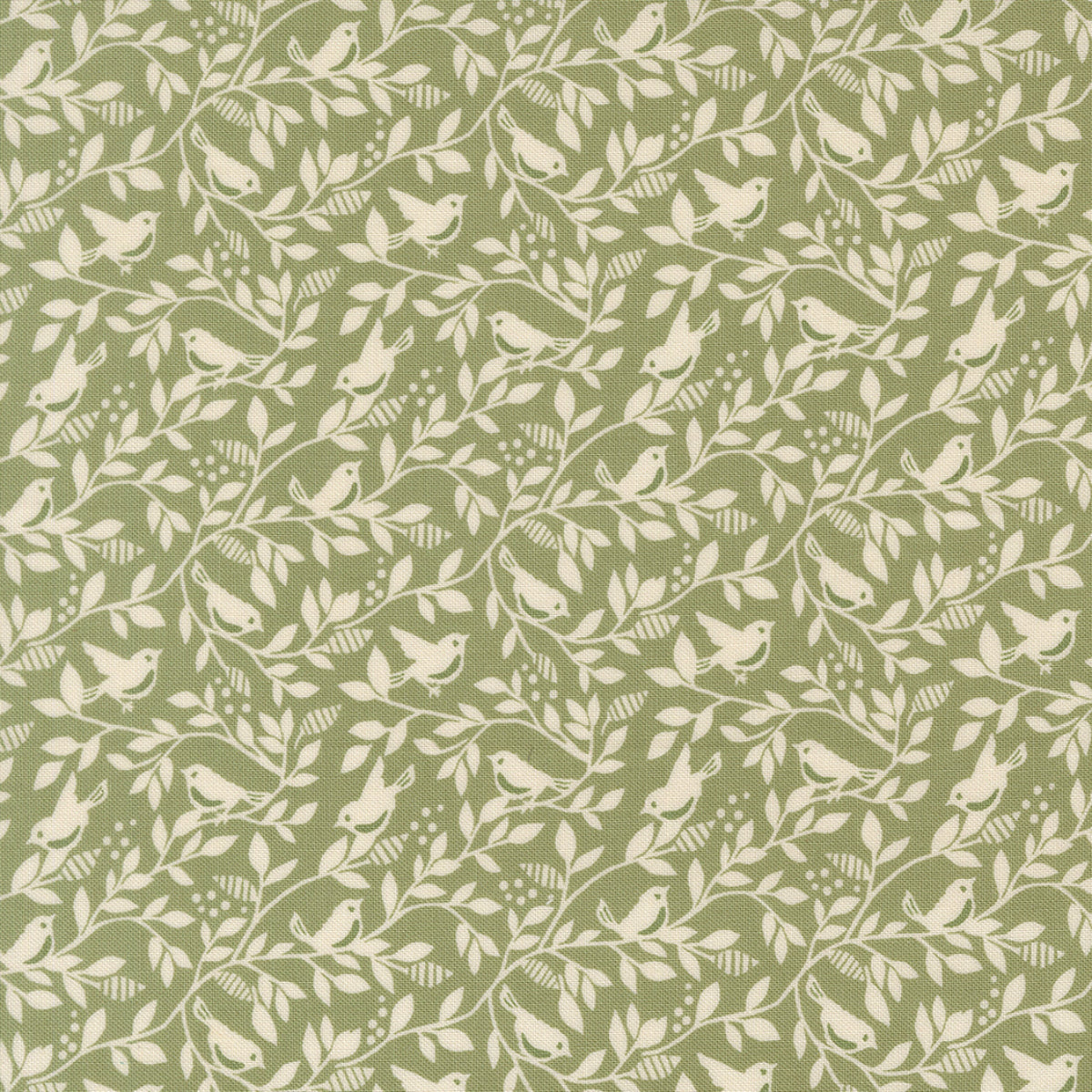 Pattern of birds and branches on a green background