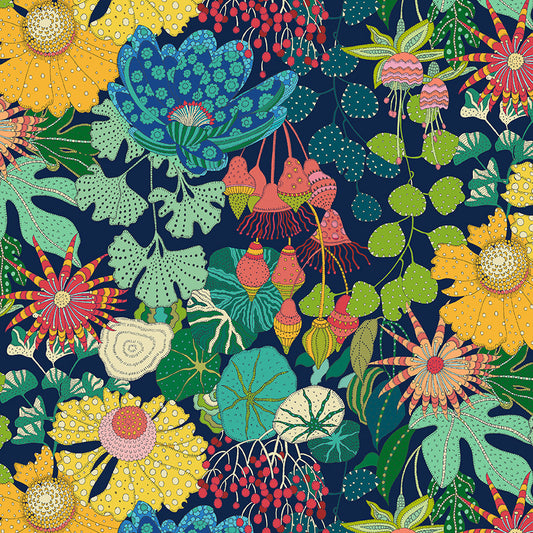 Colorful floral and leaf pattern on a dark blue background