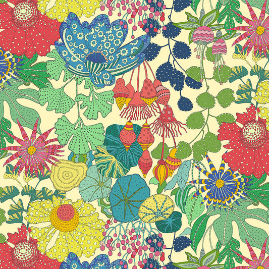Colorful floral and butterfly pattern on a beige background