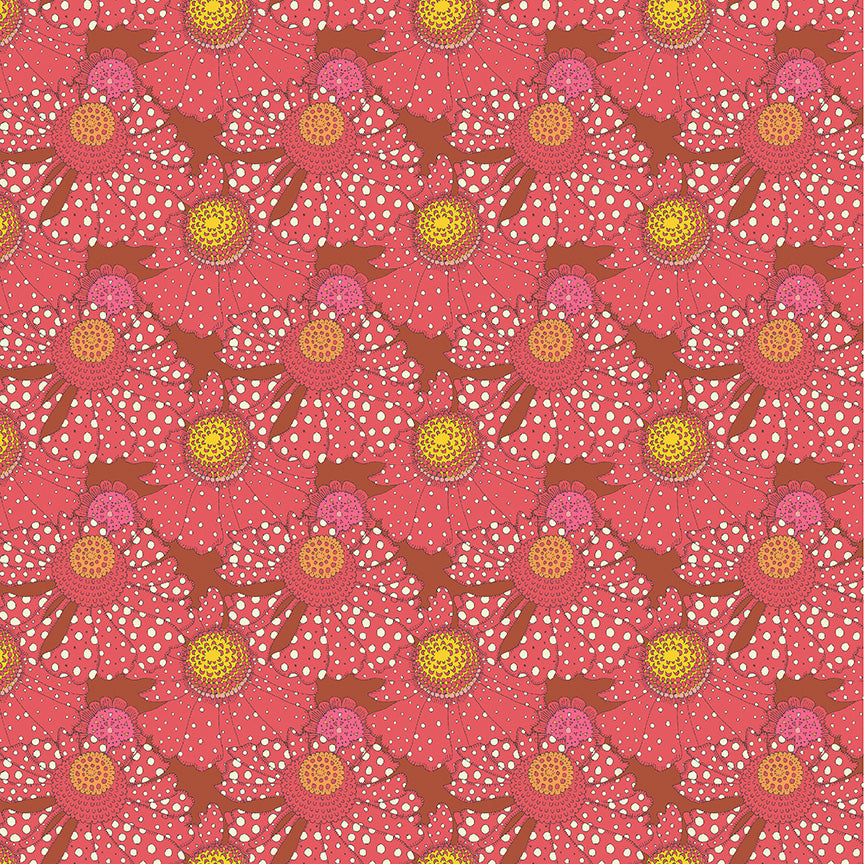 Pattern of pink flowers with yellow centers on a red background