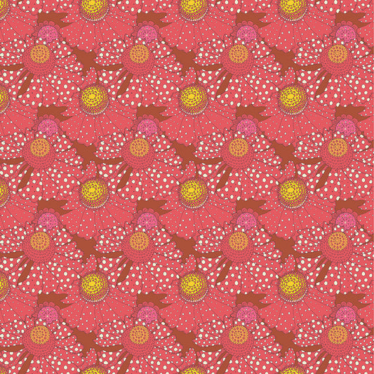 Pattern of pink flowers with yellow centers on a red background