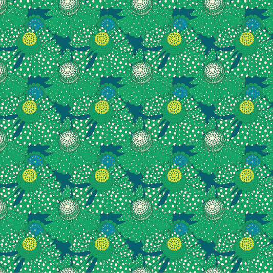 Patterned fabric with blue and green shapes on a green background