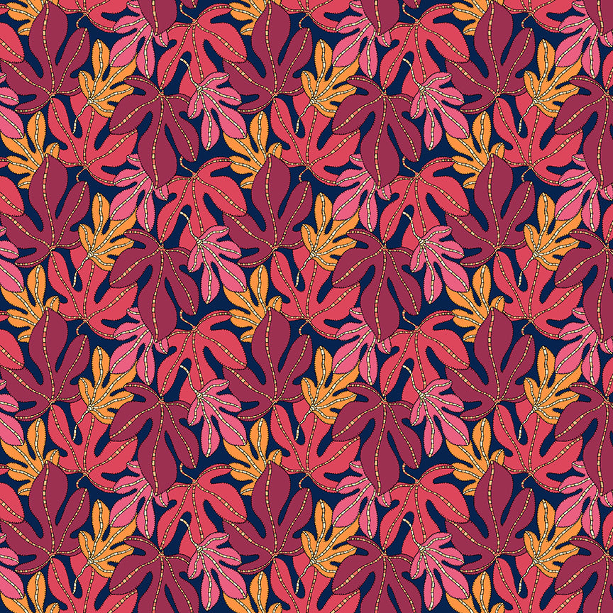 Pattern of red and orange leaves on a dark blue background