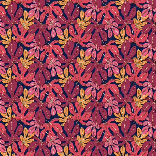 Pattern of red and orange leaves on a dark blue background