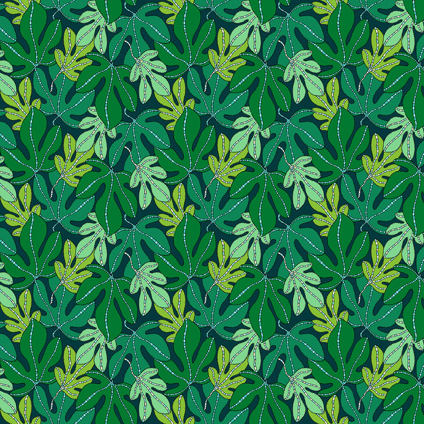 Pattern of green leaves on a dark green background