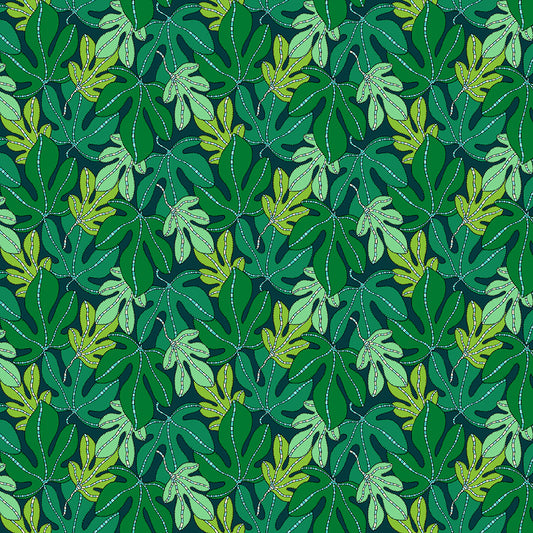 Pattern of green leaves on a dark green background