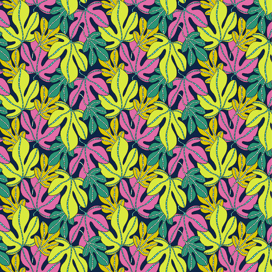 Pattern of colorful leaves on a dark background