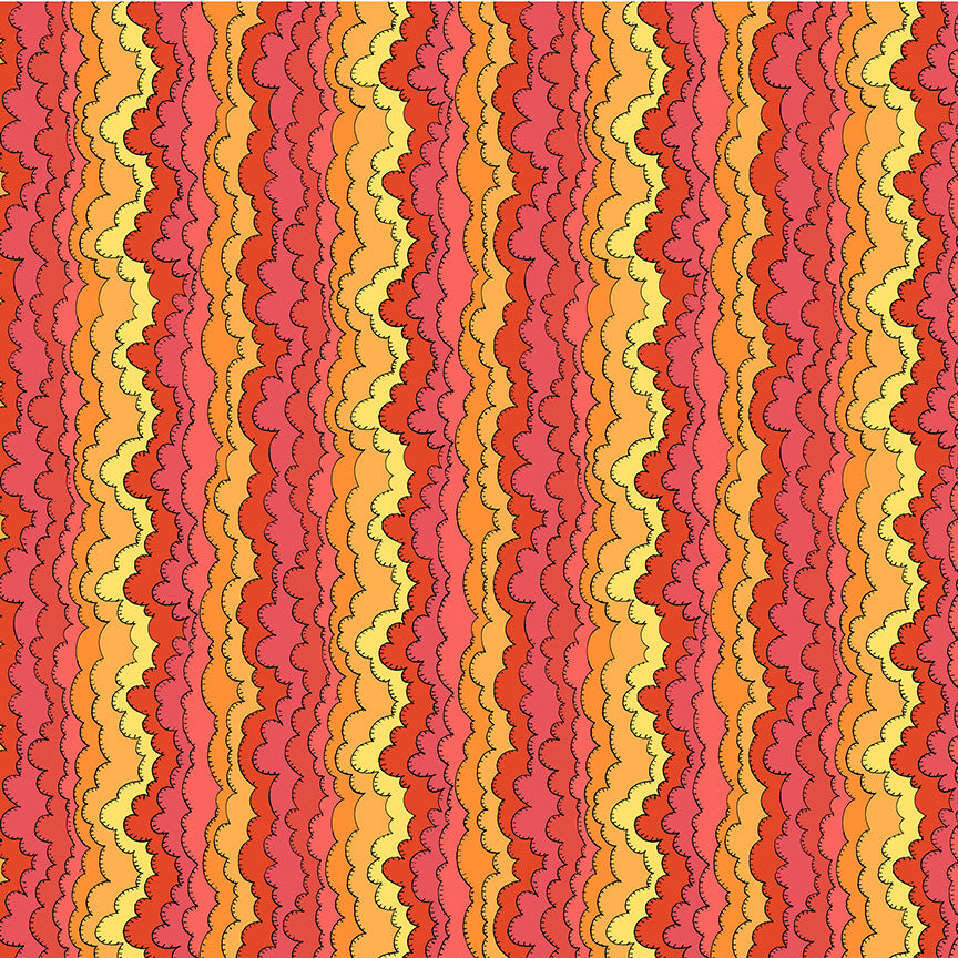 Wavy pattern with red, orange, and yellow colors on a red background