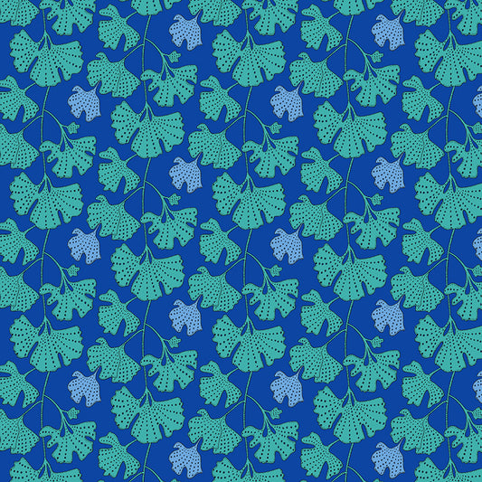 Pattern of green leaves on a blue background