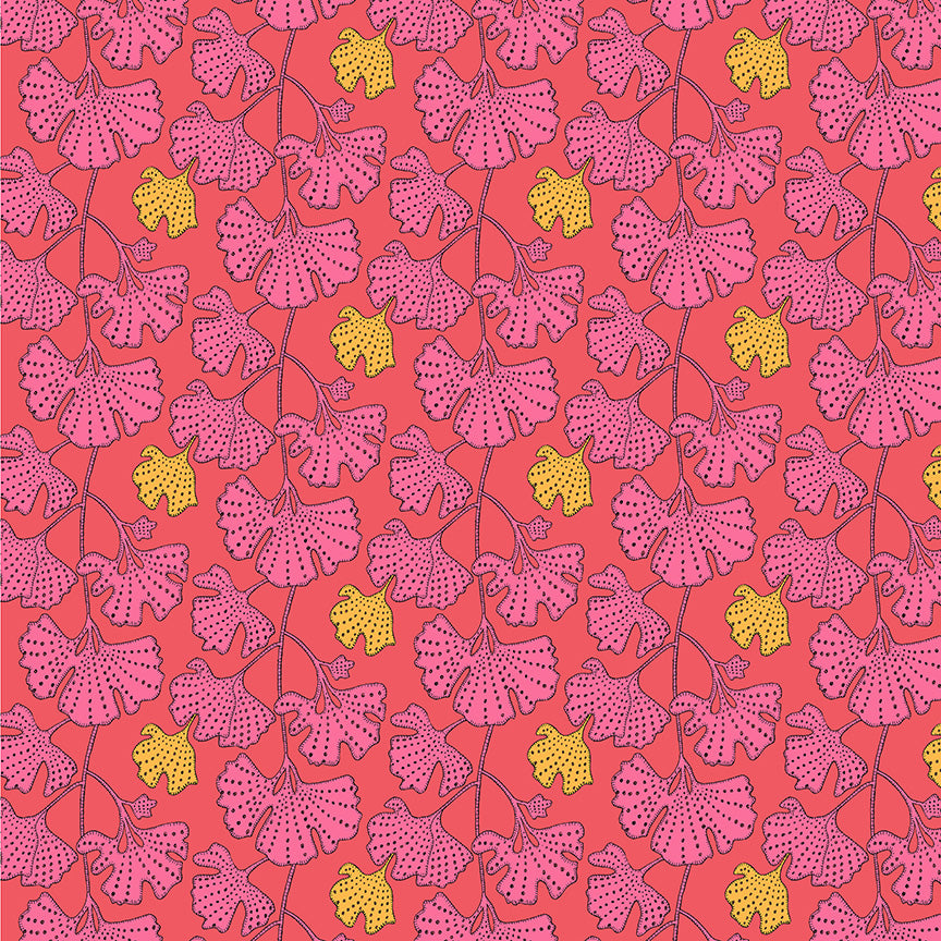Pattern of pink leaves and yellow flowers on a pink background
