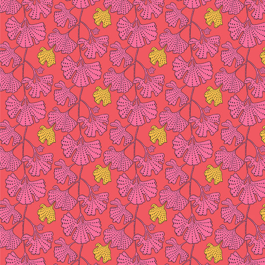 Pattern of pink leaves and yellow flowers on a pink background