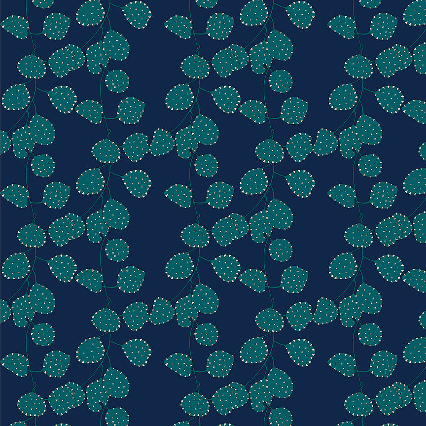 Teal leaf pattern on a dark blue background