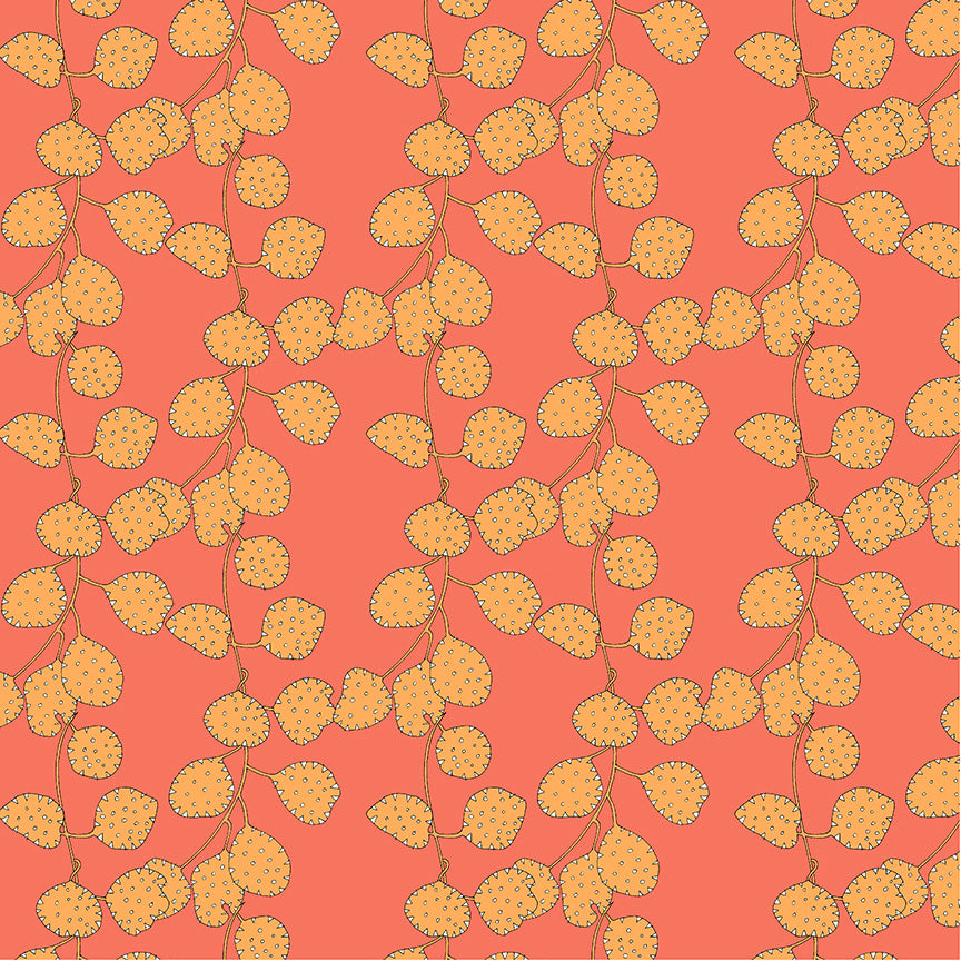 Pattern of yellow leaves on a coral background