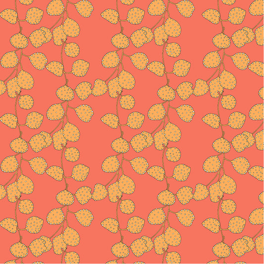 Pattern of yellow leaves on a coral background