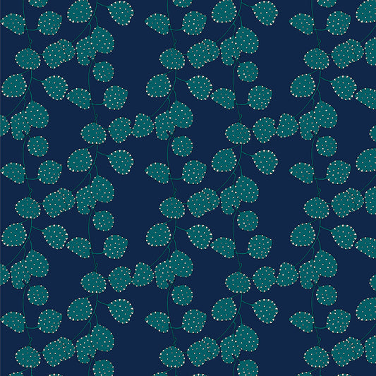 Teal leaf pattern on a dark blue background