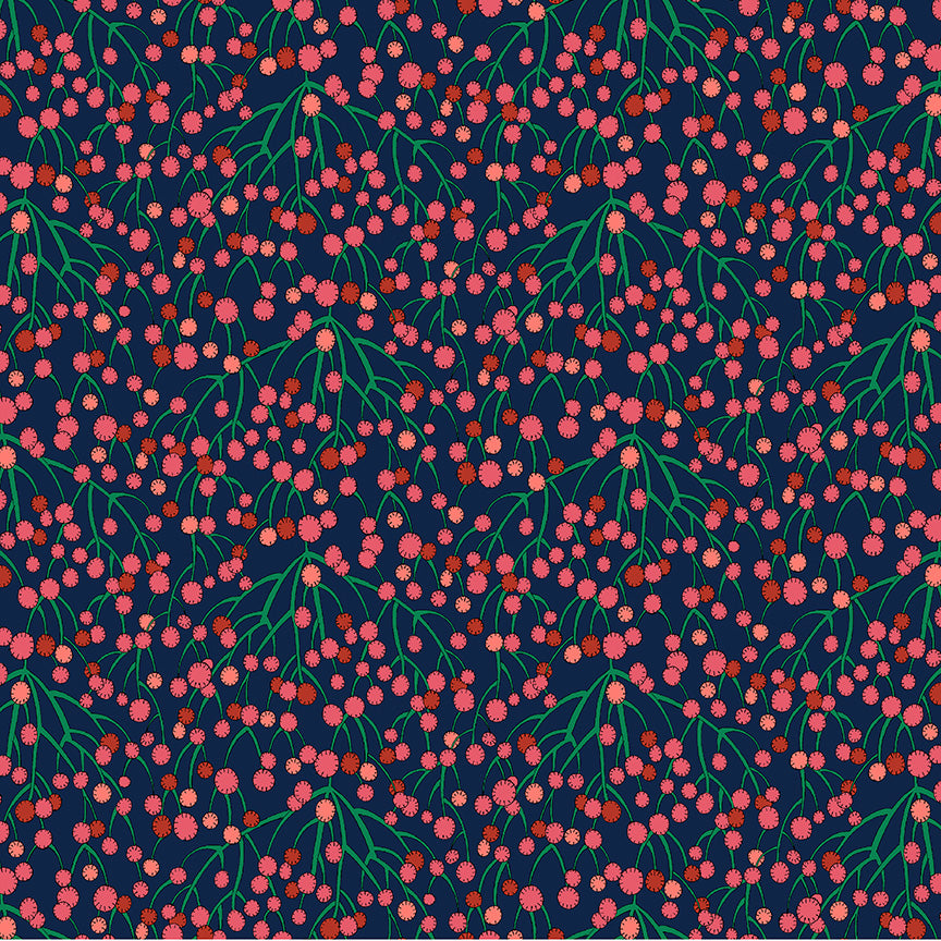 Pattern of pink flowers with green stems on a navy background