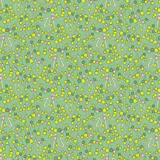 Pattern of small flowers and leaves on a green background