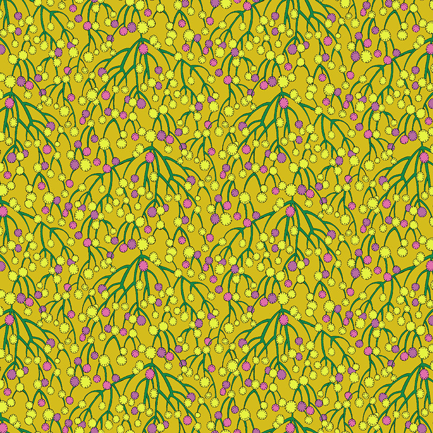 Pattern of green leaves and pink berries on a yellow background