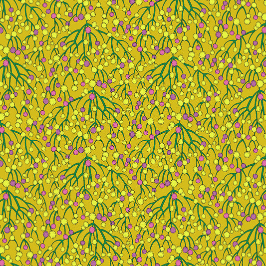 Pattern of green leaves and pink berries on a yellow background
