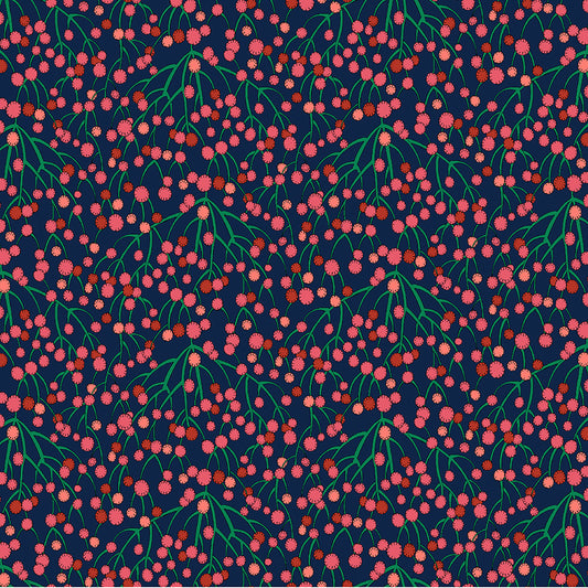Pattern of pink flowers with green stems on a navy background