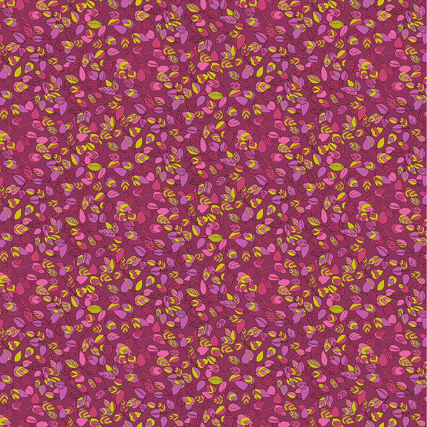 Patterned fabric with pink and yellow leaves on a purple background