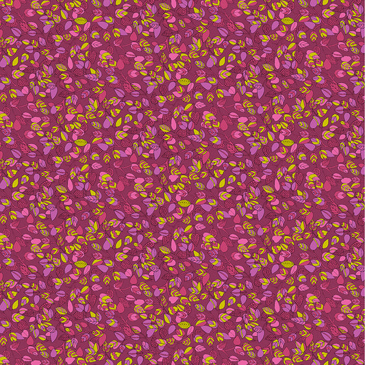 Patterned fabric with pink and yellow leaves on a purple background