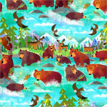 Pattern of bears, birds, and moose in a forest setting with mountains.