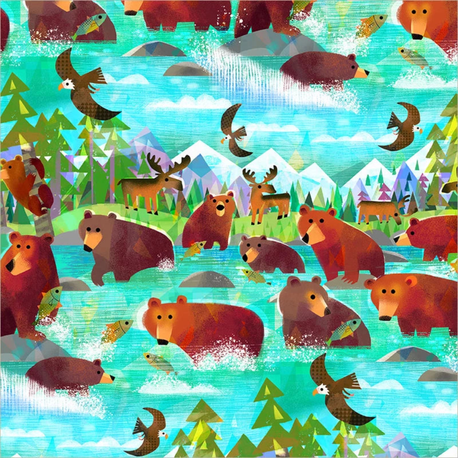Pattern of bears, birds, and moose in a forest setting with mountains.