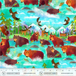 Fabric pattern with bears, birds, and trees on a blue background