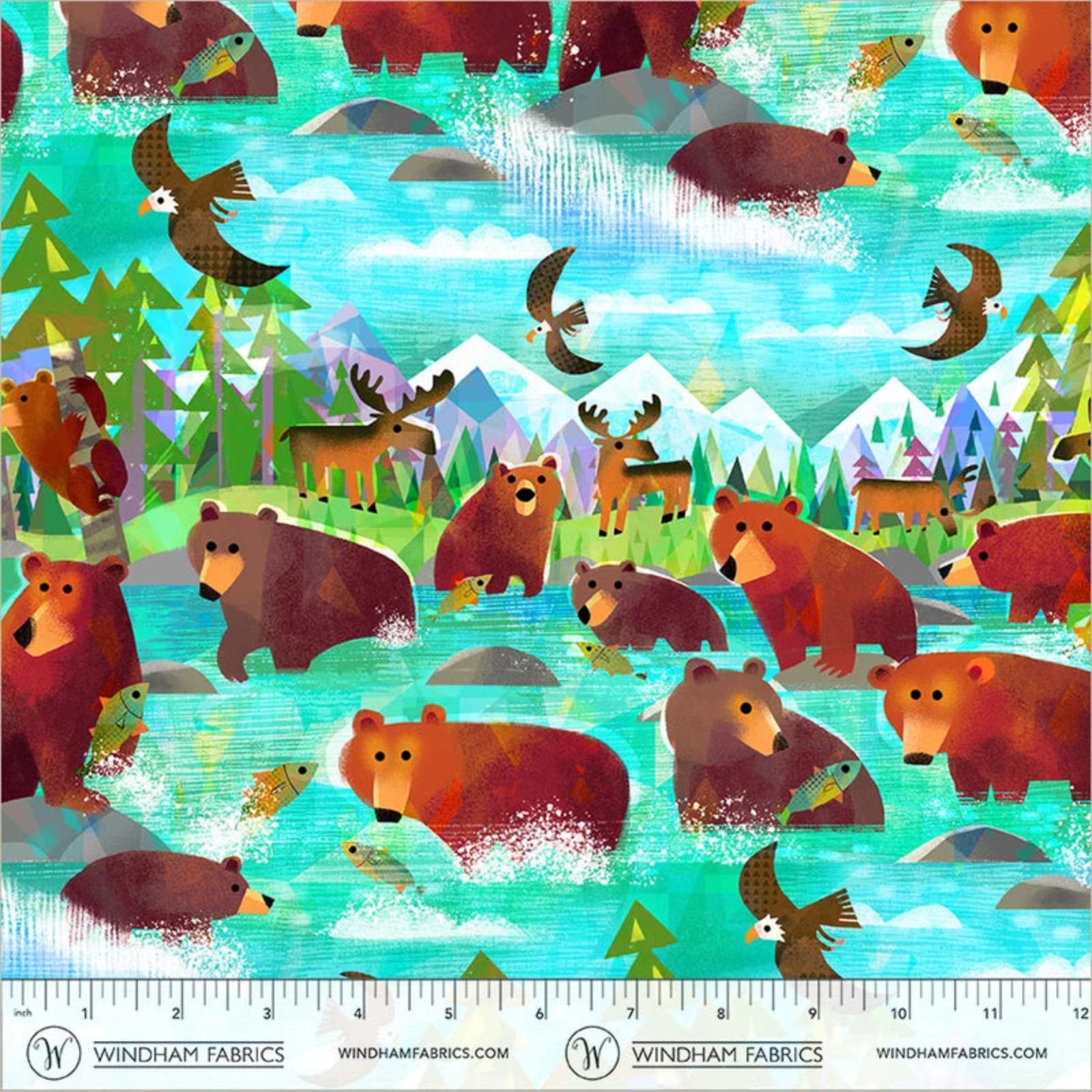 Fabric pattern with bears, birds, and trees on a blue background