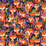 A repeating whimsical pattern of orange foxes with white faces and pink noses, surrounded by colorful wildflowers and abstract green, purple, yellow, and blue shapes on a dark background.