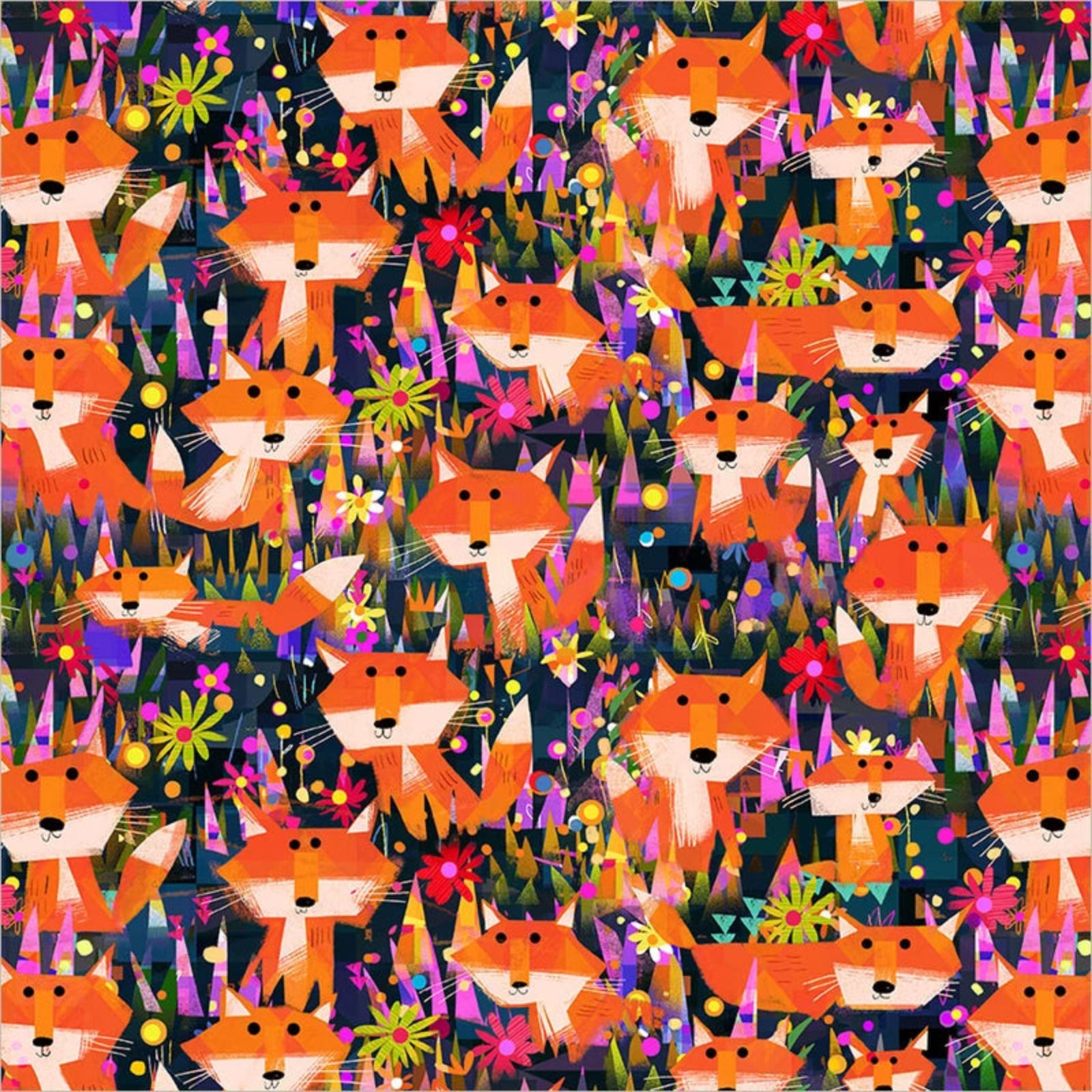 A repeating whimsical pattern of orange foxes with white faces and pink noses, surrounded by colorful wildflowers and abstract green, purple, yellow, and blue shapes on a dark background.