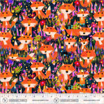 Pattern of colorful foxes and flowers with a ruler at the bottom, on Windham Fabrics fabric.