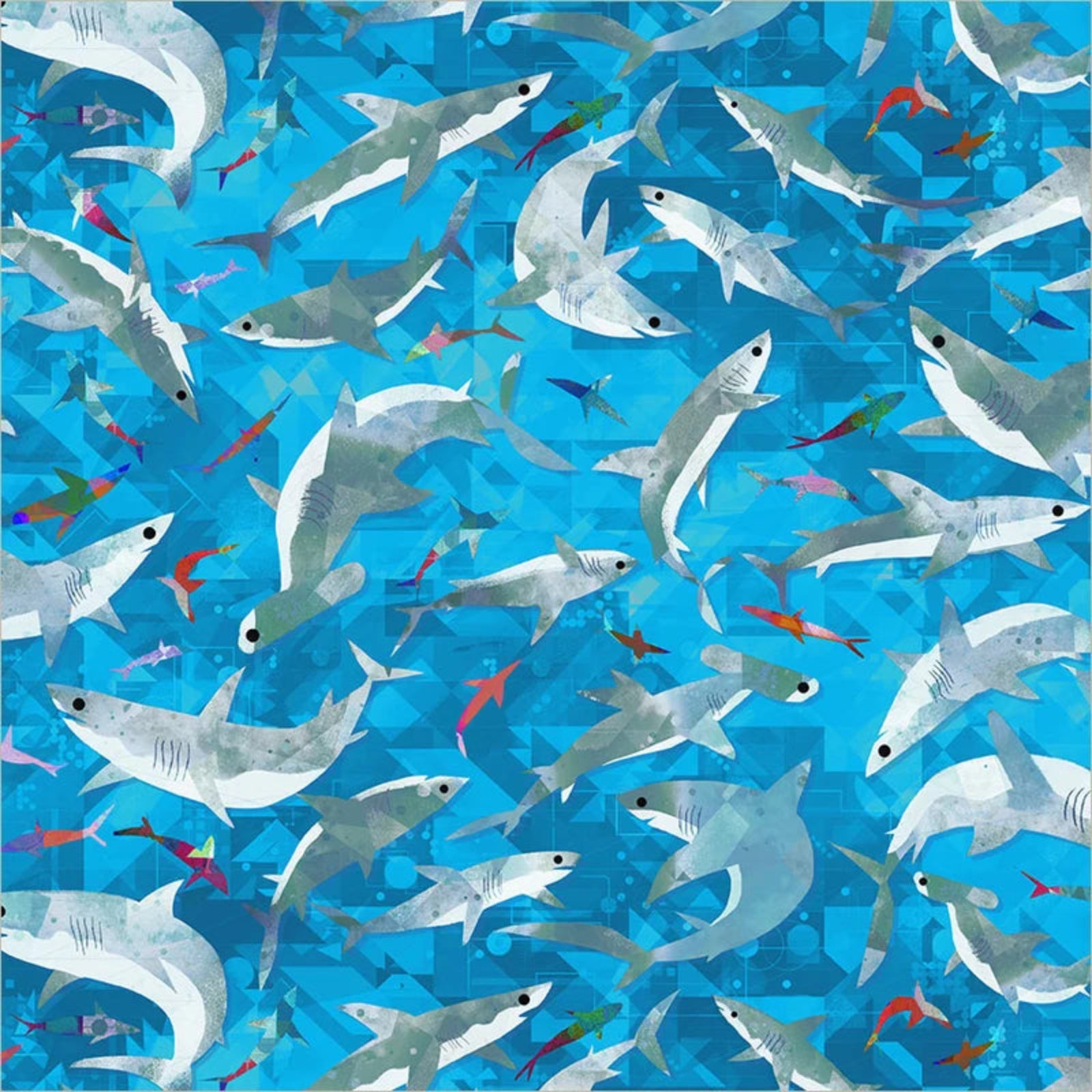 Pattern of sharks and small fish on a blue background
