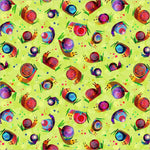 A repeating pattern of colorful painted snails on a bright yellow-green background with scattered paint splatters.