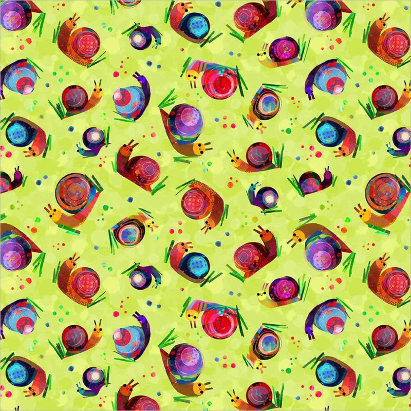A repeating pattern of colorful painted snails on a bright yellow-green background with scattered paint splatters.
