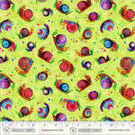 A fabric pattern featuring colorful snails on a light lime green background, with a ruler and Windham Fabrics branding along the bottom edge.