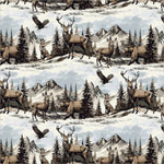 A repeating scenic pattern featuring deer, elk, eagles, and mountains in snowy landscapes, printed across a white fabric background.