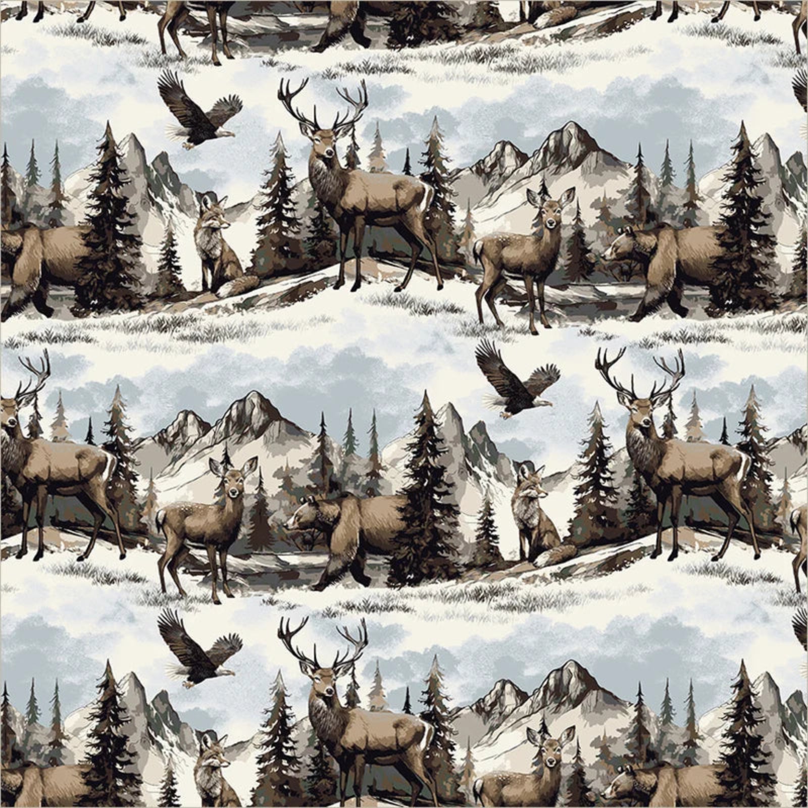 A repeating scenic pattern featuring deer, elk, eagles, and mountains in snowy landscapes, printed across a white fabric background.