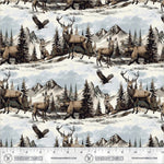A repeating fabric pattern featuring deer, rabbits, and birds in a snowy mountain landscape with pine trees, shown with a ruler at the bottom indicating scale. The brand Windham Fabrics is printed along the bottom edge.