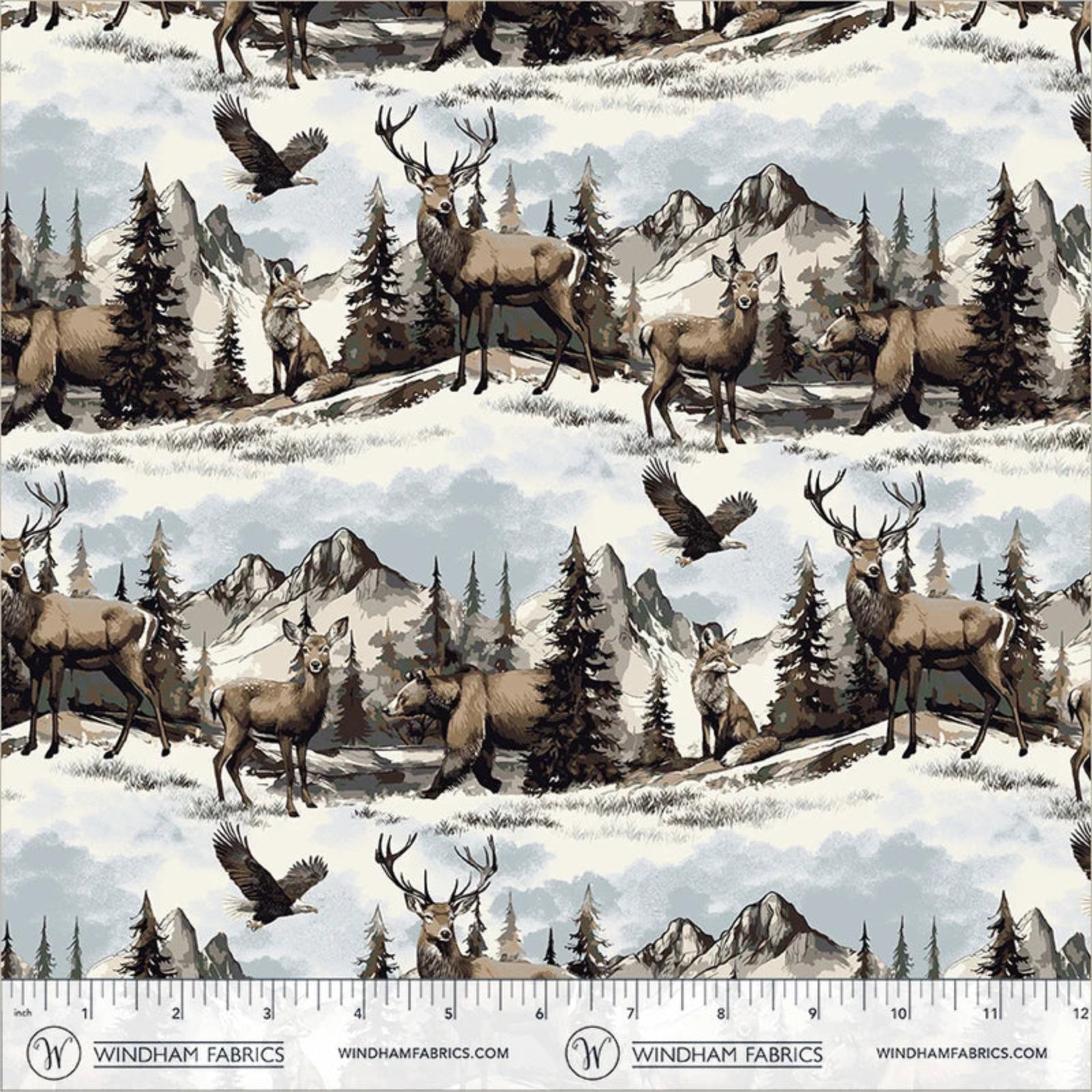 A repeating fabric pattern featuring deer, rabbits, and birds in a snowy mountain landscape with pine trees, shown with a ruler at the bottom indicating scale. The brand Windham Fabrics is printed along the bottom edge.