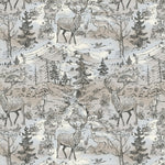 Patterned fabric with deer, trees, and mountains on a neutral background