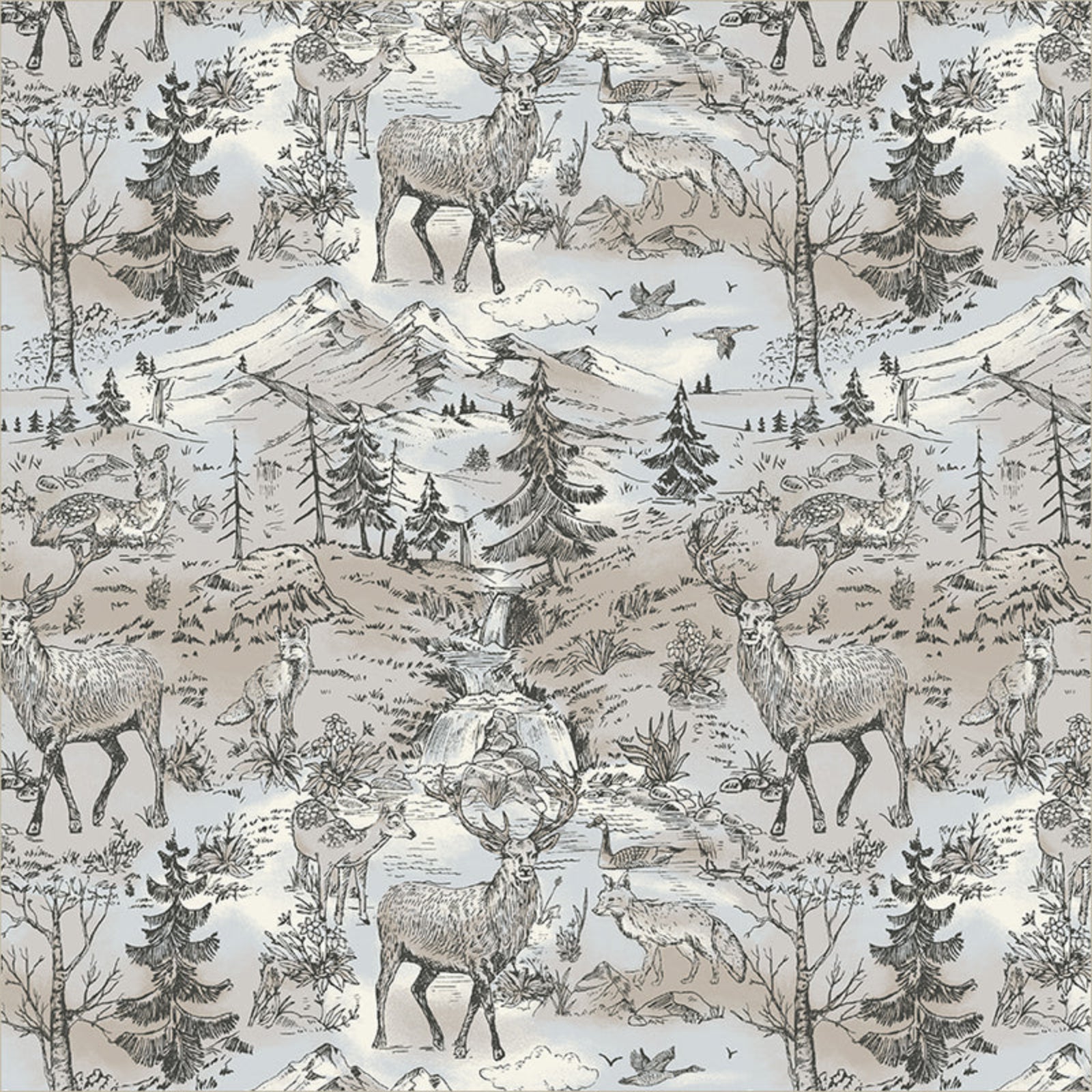 Patterned fabric with deer, trees, and mountains on a neutral background