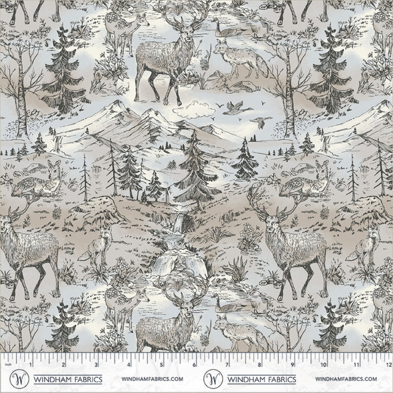 A fabric pattern featuring a detailed woodland scene with deer, elk, wolves, mountains, trees, and a stream in black and gray line art on a warm beige background. A ruler at the bottom shows the scale of the print with Windham Fabrics branding.