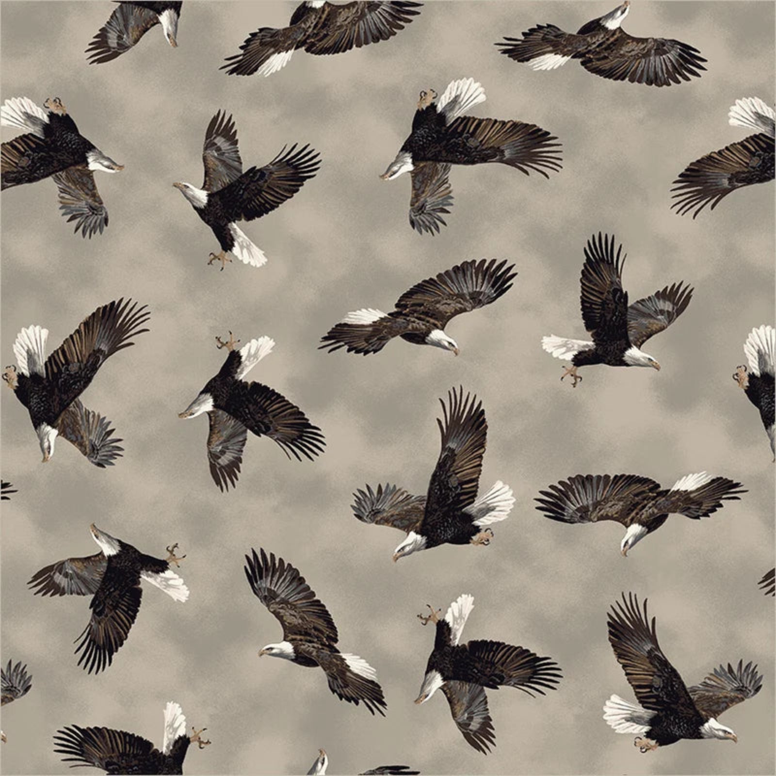 A repeating pattern of flying bald eagles on a warm taupe-gray background. The eagles are shown in flight from multiple angles, with dark brown and black wings, white heads, and white-tipped tails.