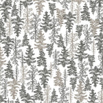 A repeating forest pattern featuring hand-drawn pine trees and foliage in dark gray, charcoal, and warm taupe on a white background.