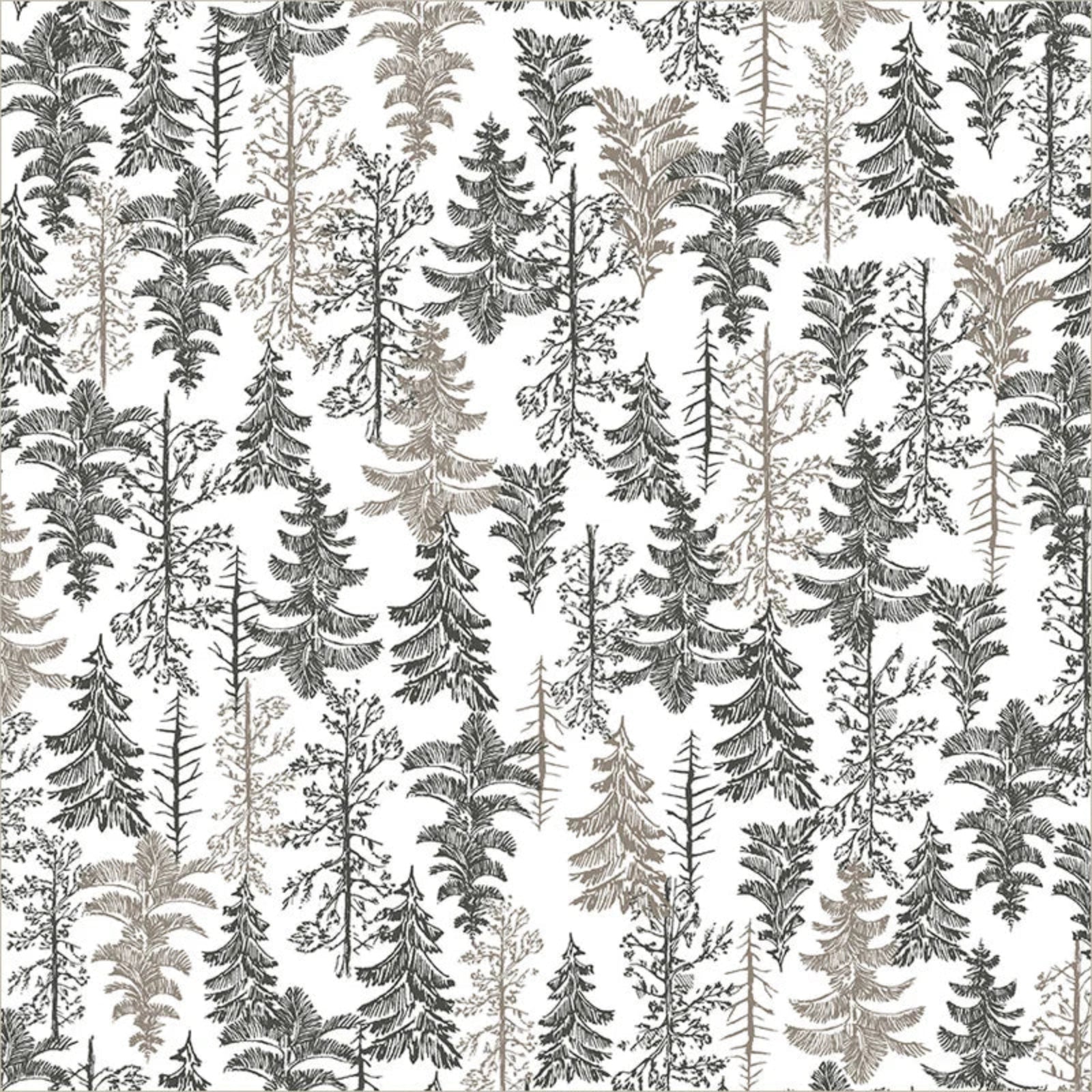 A repeating forest pattern featuring hand-drawn pine trees and foliage in dark gray, charcoal, and warm taupe on a white background.