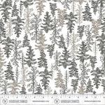 A repeating forest pattern of pine trees in dark gray, charcoal, and warm taupe on a white background, with a measurement ruler and Windham Fabrics branding along the bottom edge.