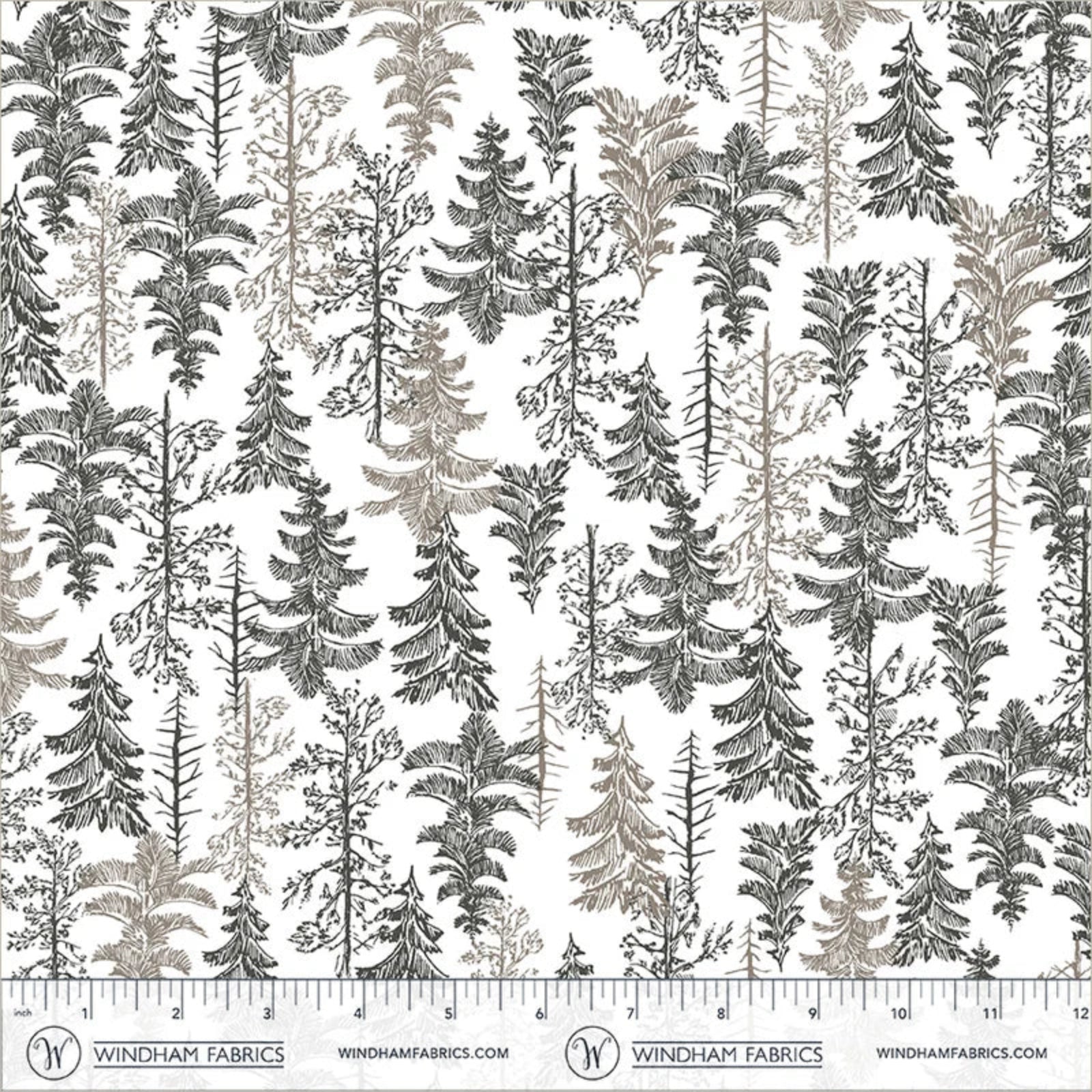 A repeating forest pattern of pine trees in dark gray, charcoal, and warm taupe on a white background, with a measurement ruler and Windham Fabrics branding along the bottom edge.
