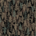 A repeating forest pattern featuring stylized pine trees in muted beige, gray, and pale blue-green tones on a very dark charcoal background.